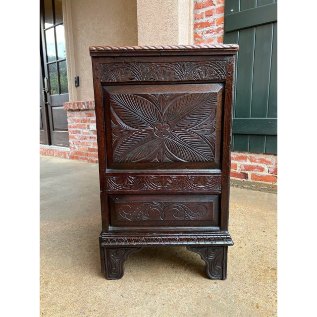 Brown Antique English Trunk Coffer Blanket Chest Carved Oak Foyer Table C1820 For Sale - Image 8 of 13