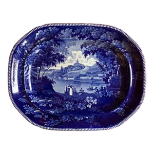 Very Large Antique 19th Century Staffordshire Blue & White Enoch Wood Transferware Turkey Platter "Italian Scenery Turin" Circa 1825