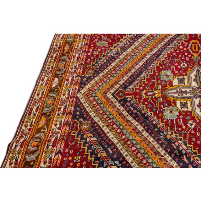 Red Vintage Handmade Shiraz Red Geometric Wool Rug 6'10" X 10'1" For Sale - Image 8 of 10
