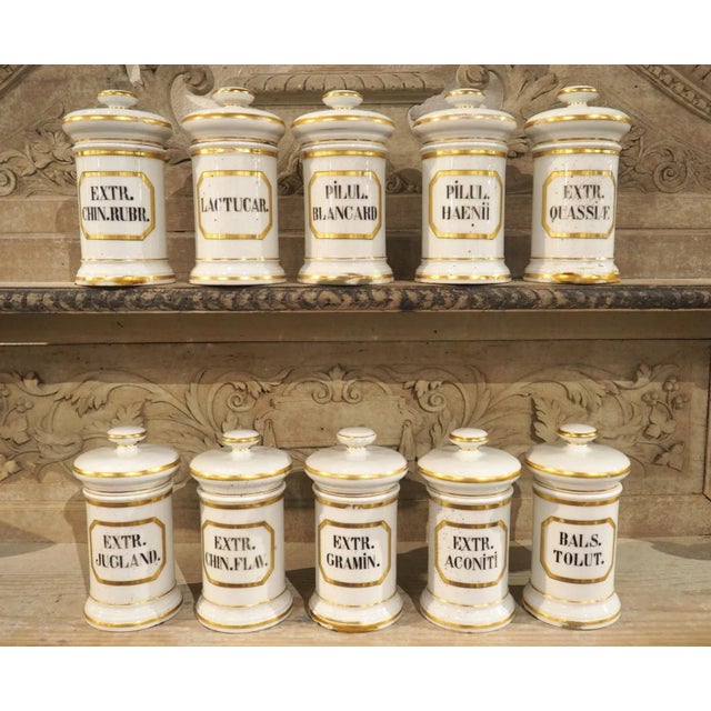 Set of 10 French Hand Painted Porcelain Apothecary Jars, 1900s For Sale - Image 16 of 17