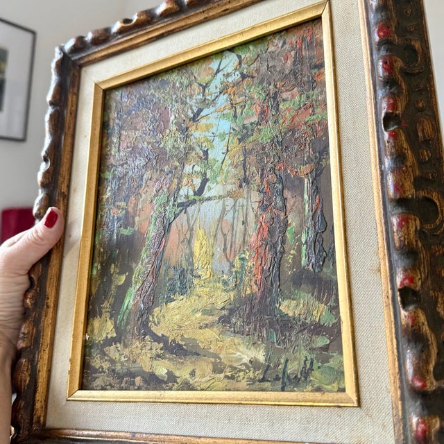 Vintage Modern Impressionist Gold Framed Autumn Forest Impasto Oil Painting Mcm STUNNING WORK. Signature isn’t recognized...