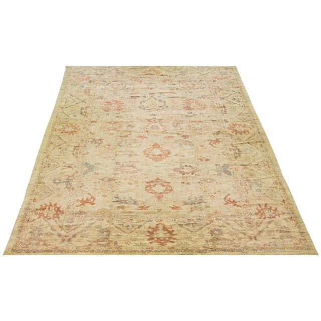 Modern Beige & Blue Modern Sultanabad Handmade Floral Designed Wool Rug For Sale - Image 3 of 7