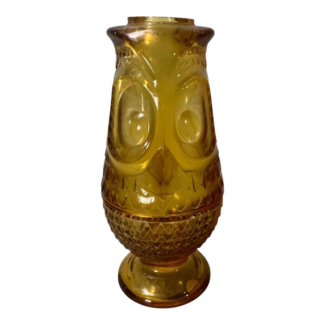 Vintage Viking Amber Glass Art Deco Figural Owl Fairy Lamp Votive Candle For Sale