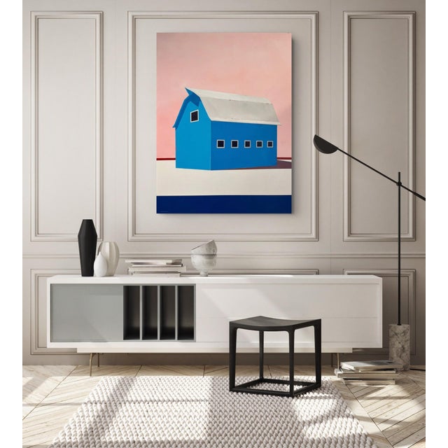 Barn, Palette #5 by Justin Wheatley | Acrylic on Canvas Blue Barn With Pink Sky For Sale - Image 10 of 10