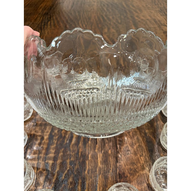 Vintage Tiffin-Franciscan Bullseye Pressed Glass Punch Bowl Set With 12 Cups & Original Ladle For Sale - Image 12 of 15