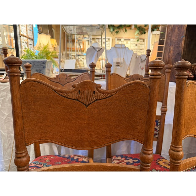 Set of Six, Antique, Oak Dining Chairs Covered With Ralph Lauren Kilim Fabric, Early 1900s For Sale - Image 4 of 11