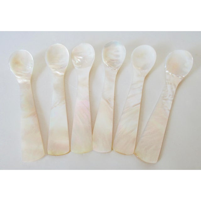 Mid-Century Modern 1970s Mother of Pearl Hand-Honed and Carved Individual, Caviar Serving Spoons -Set of 6 For Sale - Image 3 of 14