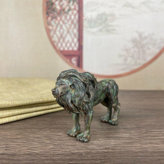 Bronze Lion Sculpture – 3.1" Verdigris Patina Animal Figure For Sale - Image 9 of 11