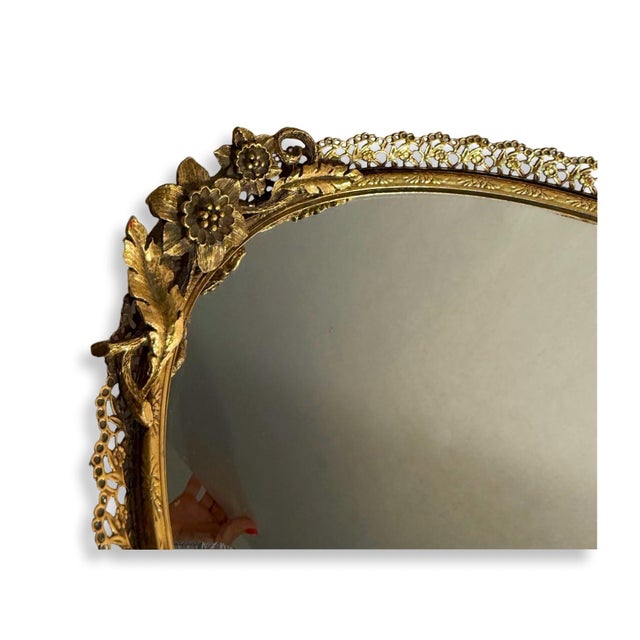 Vintage French Oval Mirrored Vanity Tray With Gilt Floral Filigree, Circa 1950s For Sale - Image 9 of 10