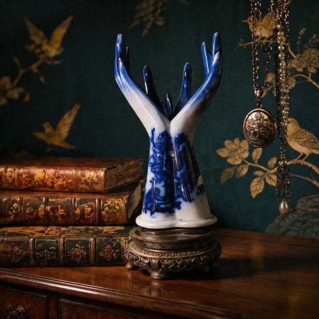 Ceramic Vintage Blue and White Porcelain Chinoiserie Flow Blue Hands Sculpture Vase on Ornate Base For Sale - Image 7 of 9