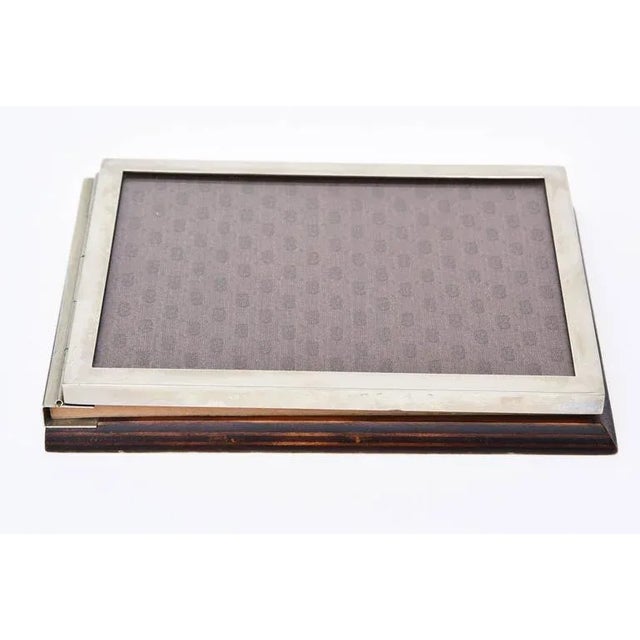 This wonderful vintage Italian signed Gucci note pad holder has wood backing with flip-top note holder and the iconic logo...