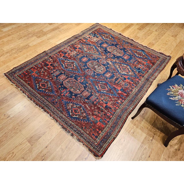 French Country Late 19th Century Caucasian Soumak Rug, Handwoven Allover Geometric, Red & Blue, 5' x 7' For Sale - Image 3 of 17