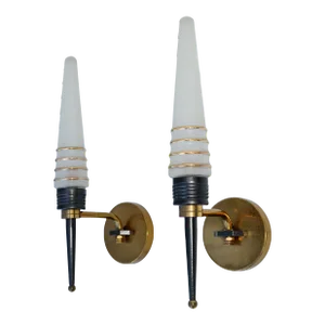 Pair of Maison Jansen Swing Arm Sconces Brass & Frosted Glass Cone Shades 1950