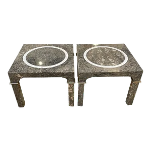 Maitland-Smith Faux Marble Brass Accented Side Tables, Pair, 1970s