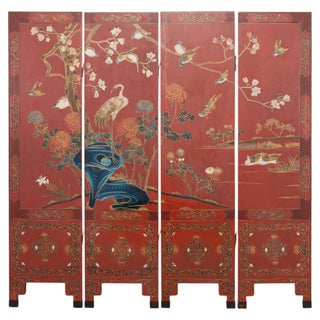 Chinese Export Four Panel Red Lacquered Chinoiserie Gilt Screen For Sale