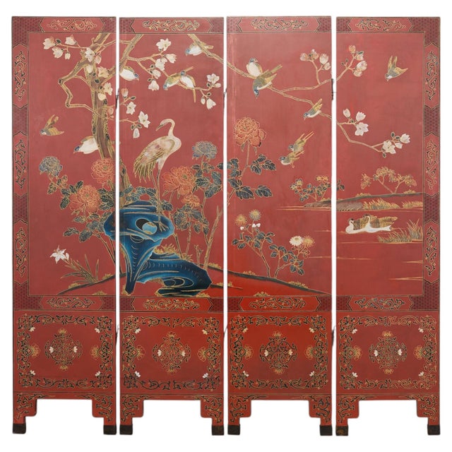 Chinese Export Four Panel Red Lacquered Chinoiserie Gilt Screen For Sale