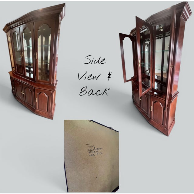 Brown Late 20th Century Broyhill Cherry China Cabinet-Lighted Mirrored Curio Hutch-2 Piece-Display-Glass For Sale - Image 8 of 11