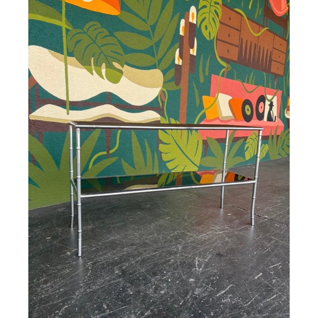 Postmod Chrome Faux Bamboo & Smoked Glass Console Table For Sale - Image 4 of 11