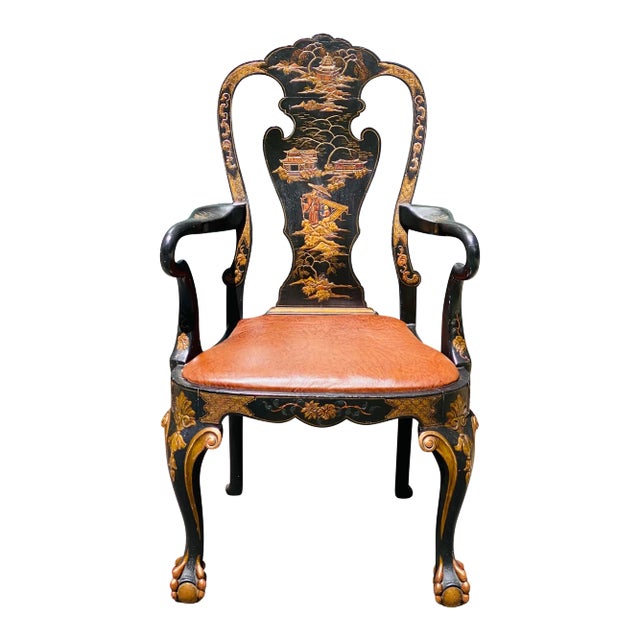Vintage Chinese Chippendale Antique Style Chair With Leather Seat For Sale