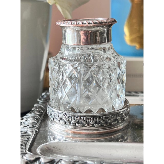 Silver Set of 4, Antique silverplate inkwell stand with crystal diamond cut inkwells // pen and ink // desk accessory // silver on copper For Sale - Image 8 of 15