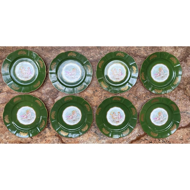 French Set of 8 Vintage French Hand Painted Cherubs Gold Gilded Green Porcelain Dinner Plates For Sale - Image 3 of 12