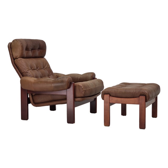 Set of Swedish Lounge Chair and Ottoman in Leather, 1970s For Sale