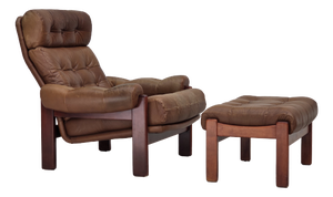 Set of Swedish Lounge Chair and Ottoman in Leather, 1970s