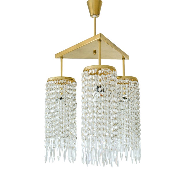 Vintage Bohemian Glass and Brass 3-Light Chandelier by Jablonecke Sklarny, 1970s For Sale