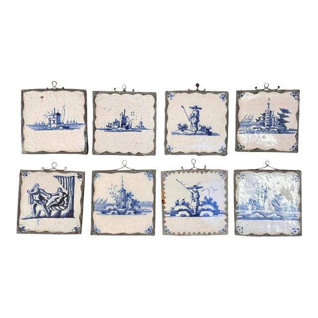 Set of 8 Dutch Delft Tiles, 18th Century, Mounted for Hanging | Chairish