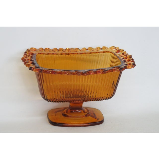 Ftda 1981 Amber Golden Brown Pressed Glass Embossed Pedestal Candy Dish 5088b For Sale - Image 16 of 18