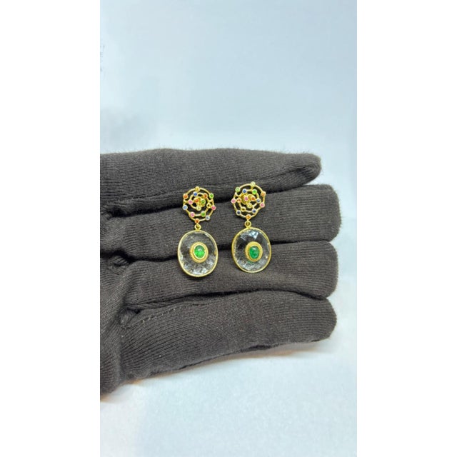 Natural Multi Sapphire, Emerald, & White Topaz Earring in 14k Gold For Sale In New York - Image 6 of 8