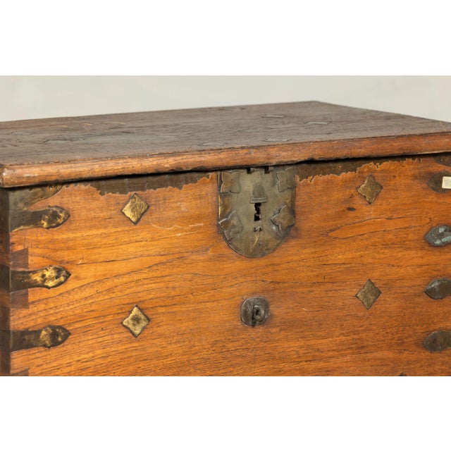 Brown Antique Wood Trunk with Ornamental Metalwork and Brass Hardware For Sale - Image 8 of 12