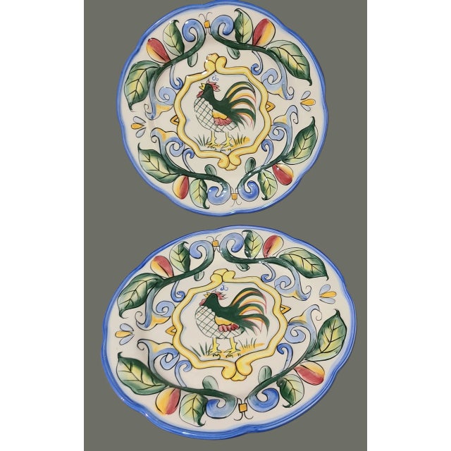 Contemporary Fitz & Floyd 4 Hand Painted "Ricamo" Rooster Salad Dessert Luncheon Plates For Sale - Image 3 of 7