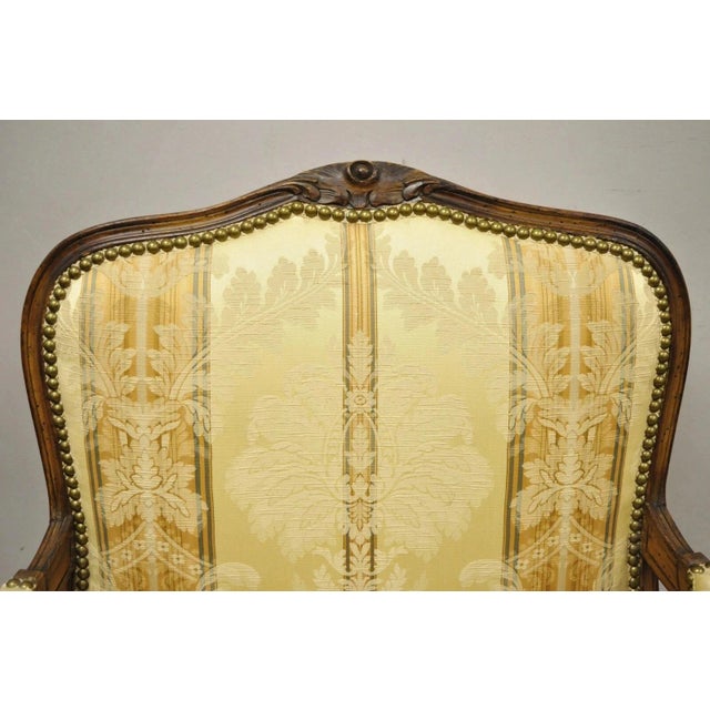 French Vintage French Country Louis XV Style Carved Walnut Lounge Arm Chairs - A Pair For Sale - Image 3 of 12