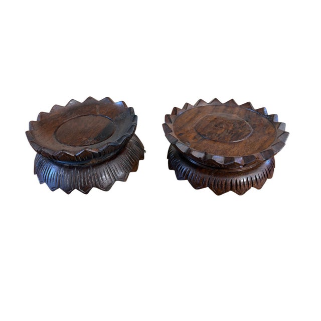 Chinoiserie Pair of Vintage Chinoiserie Solid Stands Wood in the Graceful Lotus Flower Form 4.5" D For Sale - Image 3 of 6