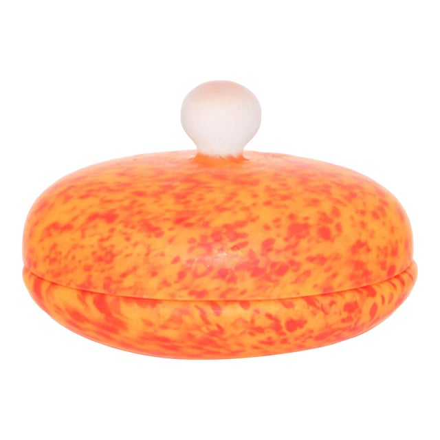 Vintage Venetian Murano Bright Orange Italian Art Glass Covered Bowl For Sale