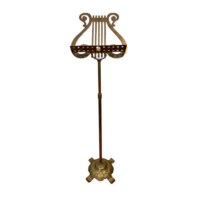 Mid-20th Century French Patinated Brass Music Stand With Lyre Motif For Sale