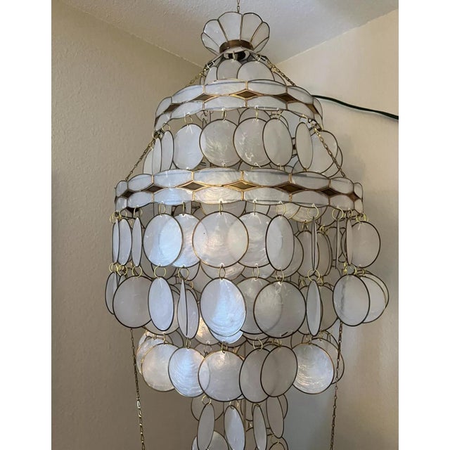 Vintage Mid Century Modern Capiz Hanging Chandelier Shell Lamp Brass 1960s For Sale - Image 9 of 10