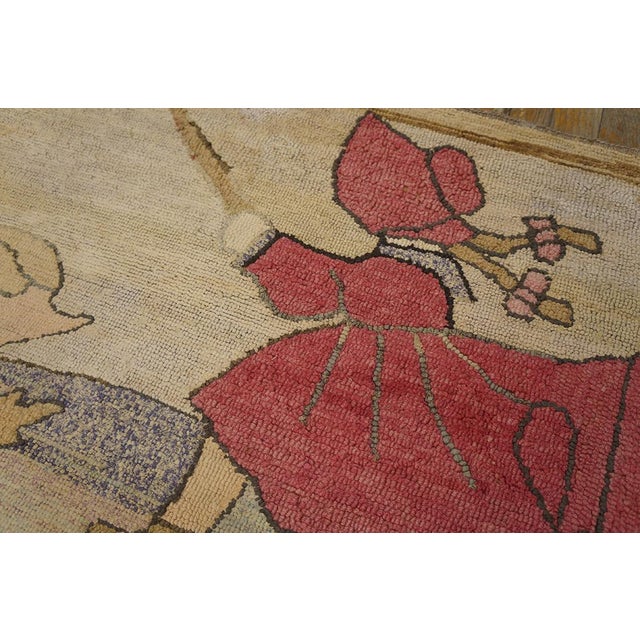 American 1930s Ivory Scene Folk Art Antique American Hooked Rug 2'2" X4'2" Handknotted Wool Carpet For Sale - Image 3 of 6