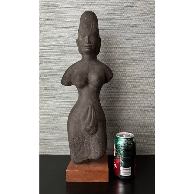 Asian Antique Antique Khmer Sandstone Female Deity Figure on a Wooden Base, 20" T For Sale - Image 3 of 12