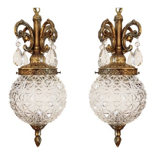 Hollywood Regency Glass Globe Swag Pendant Chandelier Pair For Sale