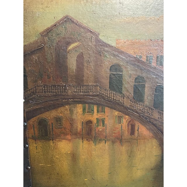 Antique Italian Ponte Rialto Handpainted Parchment Leather Floor Screen For Sale - Image 9 of 18