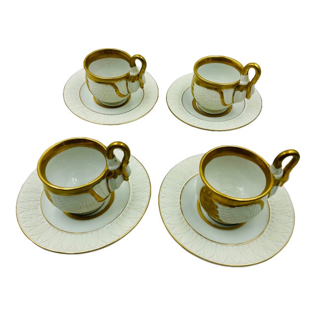 Mid 20th Century by Sadek Swan Gilded Footed Cups & Saucers - Service for 4 For Sale