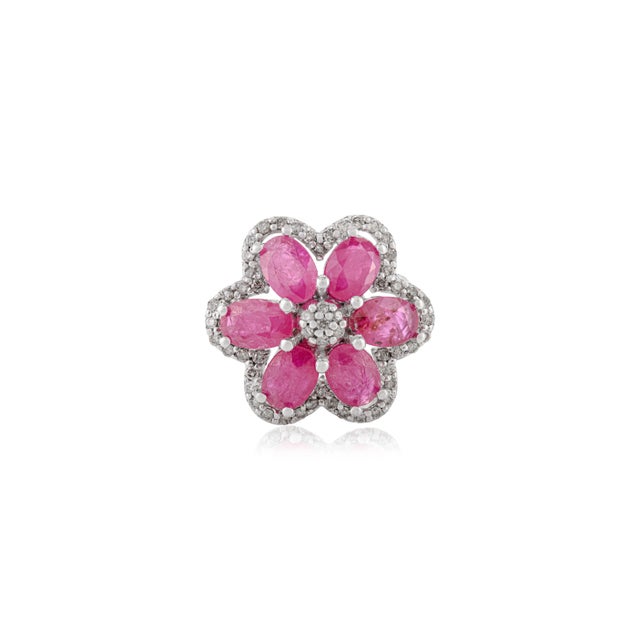 Contemporary Handcrafted 925 Siver Oval Cut Ruby & Halo Diamond Flower Cocktail Ring - Size 6.5 For Sale - Image 3 of 10