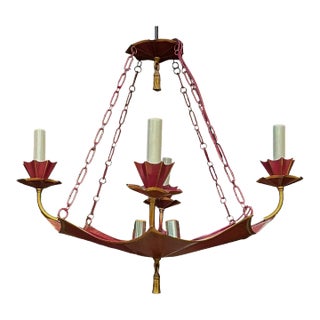 Regency Style Italian Tole Red Pagoda & Gilt Tassel 4 Arm Chandelier - 6 Lights For Sale