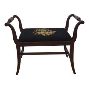 Early 20th Century Stretcher Mahogany and Needlepoint Upholstered Bench