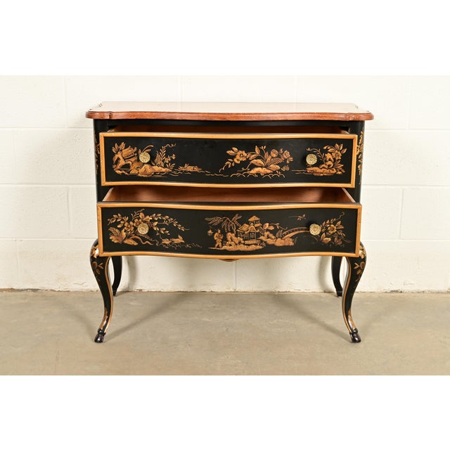 1970s Drexel Heritage Hollywood Regency Chinoiserie Black Lacquered Hand Painted Chest of Drawers, Circa 1970s For Sale - Image 5 of 13