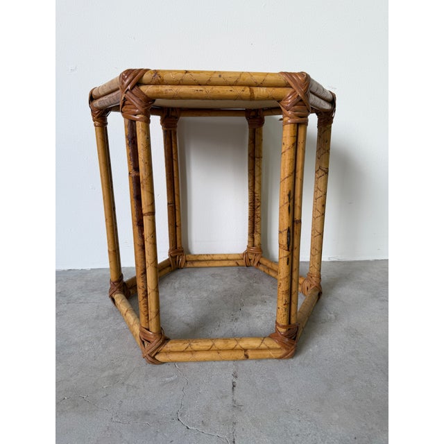 1980s Vintage Bamboo & Rattan Hexagon Side Table For Sale - Image 5 of 13