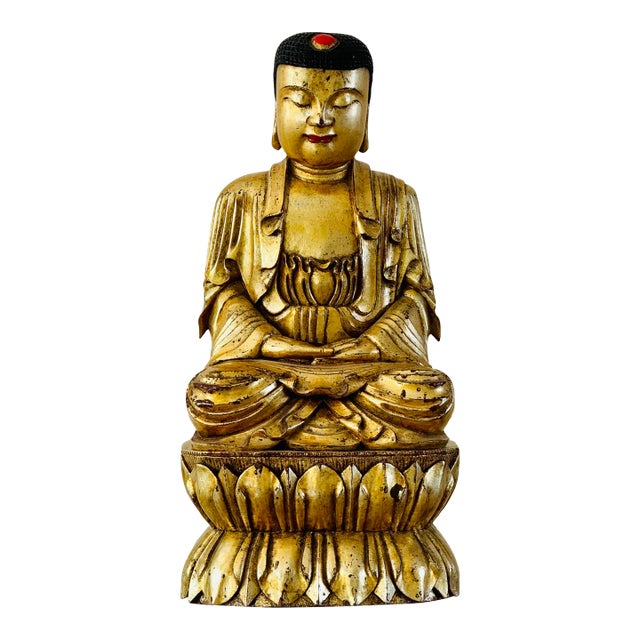 Late 19th Century Qing Dynasty Gilt Wood Carved Buddha For Sale