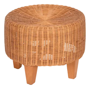 Mid-Century Italian Round Ottoman in Woven Rattan and Wood, Italy, 1970s